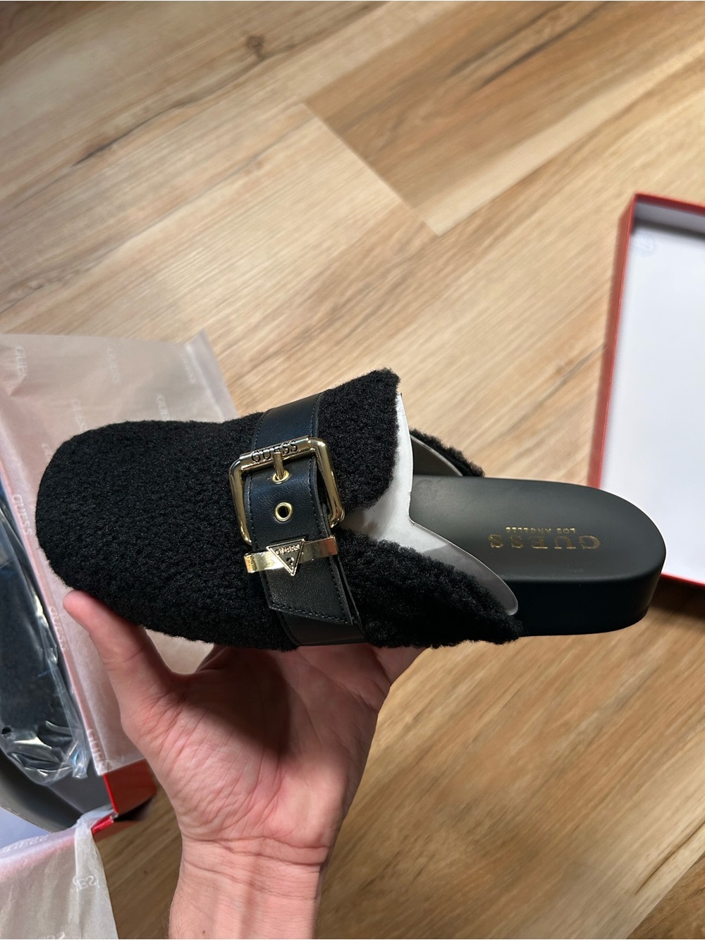 GUESS Black Faux-Shearling Mule with Gold Buckle
